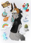 anthro beverage black_body black_clothing black_fur black_nose black_shirt black_t-shirt black_topwear bottomless chicken_meat clothed clothing food fur grey_body grey_fur holding_beverage holding_object looking_at_viewer male meat plant plant_pot potted_plant rainbow shirt solo t-shirt text text_on_clothing text_on_shirt text_on_topwear topwear yellow_sclera reysi vi-bellum_(hyilpi) canid canine canis coyote domestic_dog hybrid mammal 2024 digital_drawing_(artwork) digital_media_(artwork) english_text russian_text translated