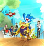 anthro brown_hair city female feral flying group hair male necktie outside purple_hair running smile gdn0522 bandai_namco digimon cody_hida davis_motomiya ken_ichijouji yolei_inoue armadillomon digimon_(species) hawkmon human mammal veemon wormmon