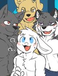 absurd_res black_body black_fur blue_eyes blush blush_lines bodily_fluids canid canine canis dev_(i_think_i_like_you) domestic_dog fangs felid fur grey_body grey_fur group hi_res i_think_i_like_you lagomorph leon_(i_think_i_like_you) leopard leporid male mammal muscular muscular_male nervous open_mouth pantherine purple_eyes question_mark rabbit ray_(i_think_i_like_you) saku1saya sky_(i_think_i_like_you) sweat sweatdrop teeth tongue white_body white_fur wolf yellow_eyes