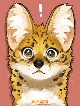 ambiguous_gender exclamation_point feral fur inner_ear_fluff looking_at_viewer markings mouth_closed orange_background simple_background solo spots spotted_body spotted_fur tan_body tan_fur text tuft whiskers white_body white_fur white_sclera wide_eyed wintom felid feline mammal serval artist_name digital_drawing_(artwork) digital_media_(artwork) reaction_image