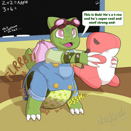 :3 ambiguous_gender anthro blue_clothing blue_overalls bodily_fluids chalk chalkboard classroom clothed clothing dialogue diaper diaper_fetish eyewear eyewear_on_head facial_markings fangs feces flower genital_fluids goggles goggles_on_head green_body green_clothing green_shirt green_topwear head_markings heart_symbol holding_object holding_plushie markings onomatopoeia open_mouth open_onesie open_smile overalls oversized_diaper patreon_username pink_flower plant plushie pooping school seam_(sewing) shirt shortalls show_and_tell smile snaggle_tooth soiled_diaper soiling soiling_diaper solo sound_effects speech_bubble teeth text topwear unclean_diaper urine used_diaper using_diaper vowelless vowelless_sound_effect wearing_diaper wet_diaper wetting wetting_diaper wristband shadyadi nintendo pokemon shochu_(gao) bulbasaur generation_1_pokemon pokemon_(species) 1:1 2023 artist_name english_text full-length_portrait hi_res portrait signature url
