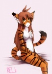 anthro biped breasts brown_hair countershading female fur hair nude orange_body orange_fur sitting smile solo stripes tail white_body white_fur relevancy twokinds flora_(twokinds) felid keidran mammal pantherine tiger hi_res