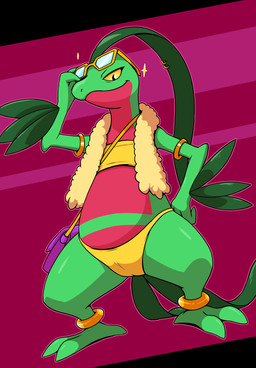 clothed clothing eyewear eyewear_on_head female feral glasses glasses_on_head green_body jewelry looking_at_viewer panties red_body simple_background smile smiling_at_viewer solo underwear yellow_eyes beautyfromabove nintendo pokemon generation_3_pokemon grovyle pokemon_(species) absurd_res hi_res