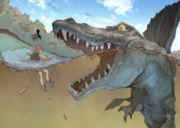 ambiguous_gender blue_sky clothed clothing cloud feral footwear group imminent_vore larger_ambiguous larger_feral larger_human partially_submerged scales sharp_teeth size_difference sky smaller_ambiguous smaller_feral smaller_human teeth tongue topwear trio water demizuposuka dinosaur human mammal prehistoric_species reptile saurischian scalie spinosaurid spinosaurus theropod 2025