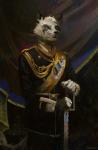 anthro blue_eyes clothing cross dress_uniform facial_markings fur gloves handwear head_markings iron_cross male markings medal melee_weapon solo sword uniform weapon white_body white_fur nomax canid canine fox mammal 2019 hi_res portrait