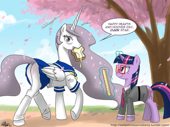 blush bread cutie_mark day duo eyewear feathered_wings feathers female female/female feral food fur glasses hair horn multicolored_hair outside princess purple_body purple_fur purple_hair quadruped royalty tail text two_tone_hair wings john_joseco friendship_is_magic hasbro my_little_pony mythology fan_character princess_celestia_(mlp) princess_molestia twilight_sparkle_(mlp) equid equine mammal mythological_creature mythological_equine unicorn winged_unicorn 2012 4:3 english_text url