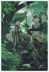 anthro asian_clothing clothed clothing detailed_background duo east_asian_clothing footwear forest japanese_clothing jungle male multi_tail plant plantigrade raining standing tail tree umbrella juo1 canid canine mammal 2022 hi_res