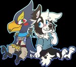 2020 alpha_channel anthro avian barefoot beak black_body black_bottomwear black_clothing black_fur black_shorts blue_clothing blue_eyes blue_outline blue_scarf blue_shirt blue_t-shirt blue_topwear blush border_collie bottomwear breath_of_the_wild canid canine canis canon_x_oc chibi claws clothed clothing collie digital_drawing_(artwork) digital_media_(artwork) domestic_dog duo eye_contact feathered_wings feathers feet flat_colors full-length_portrait fully_clothed fur green_eyes grey_body grey_claws grey_feathers handpaw heart_symbol herding_dog hindpaw jaspering looking_at_another male male/male mammal nintendo outline pastoral_dog paws pink_blush portrait revali rito romantic scarf sephie_(anirecast) sheepdog shirt shorts simple_background sitting smile snout t-shirt tail the_legend_of_zelda toe_claws topwear transparent_background whisker_spots white_body white_fur winged_arms wings yellow_beak