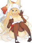 5_fingers anthro big_breasts blue_eyes blush breasts christmas_clothing christmas_headwear cleavage clothed clothing female fingers fur hair hat headgear headwear heart_eyes heart_symbol holidays huge_breasts kemono legwear long_hair santa_hat simple_background thigh_highs waiving white_background yellow_body yellow_fur baburusushi christmas canid canine fox mammal 3:4 hi_res