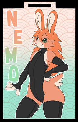 abstract_background anthro armwear black_armwear black_clothing black_legwear black_topwear closed_smile clothed clothing female female_anthro fur glistening glistening_eyes green_eyes hair legwear long_ears long_hair looking_at_viewer mouth_closed orange_body orange_ears orange_fur orange_hair smile solo standing topwear hardscales lagomorph leporid mammal rabbit absurd_res hi_res portrait three-quarter_portrait
