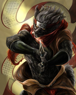 accessory anthro biped black_nose brown_body brown_fur clothing dual_wielding fur headband headgear headwear holding_object holding_weapon kunai male ninja red_eyes scroll solo text text_on_clothing text_on_headwear warrior weapon yellow_sclera yusakovichi lifewonders tokyo_afterschool_summoners tadatomo_(tas) canid canine canis domestic_dog mammal absurd_res digital_media_(artwork) digital_painting_(artwork) half-length_portrait hi_res painting_(artwork) portrait