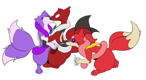 2_tails 3_toes 4_fingers anthro biped black_fin black_tail_tip blue_eyes dipstick_tail drinking drinking_straw eyes_closed feet female fin fingers fur group hair holding_glass holding_object kerchief kerchief_only kissing long_tail male male/female markings multi_tail nude pink_fin ponytail purple_body purple_fur purple_tail red_body red_fur red_hair red_tail simple_background standing tail tail_markings toes trio mendobear nintendo pokemon flora_(floralserenity) koal_(koalcleaver) floatzel generation_4_pokemon pokemon_(species) 2020 absurd_res hi_res