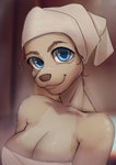 anthro big_breasts blue_eyes blurred_background breasts countershading female fur solo steam tan_body tan_fur towel towel_on_head water wet goblinesss canid canine mammal absurd_res hi_res portrait shaded