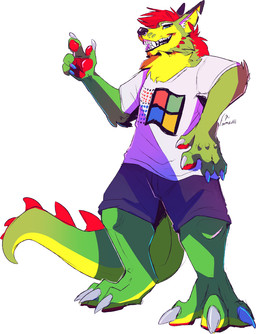 anthro arm_tuft barbell_piercing black_nose blue_bottomwear blue_claws blue_clothing blue_eyes blue_shorts bottomwear cheek_tuft circular_barbell_piercing claws clothed clothing countershading elbow_tuft eyebrows facial_piercing facial_tuft fangs front_view fur grey_body grey_fur grey_tail hair male narrowed_eyes nose_piercing open_mouth pawpads piercing red_hair red_pawpads septum_circular_barbell septum_piercing shirt shorts simple_background solo spiked_tail spikes spikes_(anatomy) standing t-shirt tail teeth topwear tuft white_background white_claws white_clothing white_eyebrows white_shirt white_t-shirt white_topwear windows_logo yellow_body yellow_fur yellow_tail imperatorcaesar microsoft microsoft_windows canid hybrid mammal signature