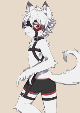 5_fingers aged_down anthro biped blush blush_lines chest_tuft clothed clothed_anthro clothed_male clothing dipstick_ears ear_markings fingers fur harness humanoid_hands inner_ear_fluff looking_aside male male_anthro multicolored_ears muzzle_(object) muzzled red_eyes simple_background solo standing tail topless topless_anthro topless_male tuft white_body white_fur young young_anthro young_male luca_(nyucs) mihoyo zenless_zone_zero von_lycaon canid canine canis mammal thiren wolf 2024 digital_media_(artwork) hi_res