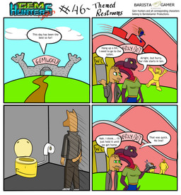 amusement_ride anthro castle cochlear_implant_processor deaf dialogue disgusted_expression electronics female male mascot_costume phone roller_coaster text toilet baristagamerproductions entrance ada_(gem_hunters) alfonso_(gem_hunters) background_character phoebe_(gem_hunters) canid canine canis dingo felid feline mammal reptile scalie snake absurd_res comic english_text hi_res