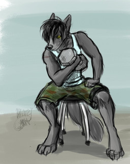 anthro bottomwear clothing dark dumbbell exercise fangs fur furniture hair looking_at_viewer male scar shorts solo stool teeth weights workout yellow_eyes maelokunne darkwolf_(darkwolfdemon) canid canine canis demon mammal wolf 2013 hi_res