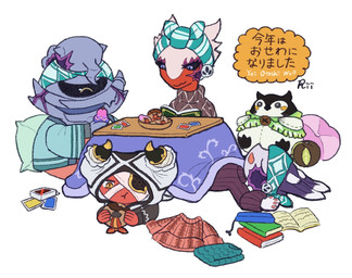 1_eye ambiguous_anthro ambiguous_gender ambiguous_humanoid anthro black_sclera book bowl card closed_smile clothed clothed_ambiguous clothed_anthro clothed_humanoid clothing container dessert dipstick_ears doughnut ear_markings eating eyes_closed food fruit furniture glistening glistening_eyes group headgear headwear holding_food holding_fruit holding_object kotatsu lying markings mouth_closed multicolored_body multicolored_ears on_back on_front open_mouth open_smile pastry pillow plant plushie pupils purple_body purple_ears purple_eyes purple_markings reading reading_book red_body robe sitting sleeping smile sweater table text topwear turtleneck two_tone_body under_table white_body white_ear_tips white_sclera yellow_eyes rii ever_oasis nintendo seipha_(ever_oasis) sheut_(ever_oasis) arachnid arthropod drauk humanoid lagomorph lagora mammal noot_(ever_oasis) scalie scorpion seedling_(ever_oasis) serkah 2024 artist_name digital_drawing_(artwork) digital_media_(artwork) flat_colors handwritten_text hi_res japanese_text female_(lore) male_(lore)