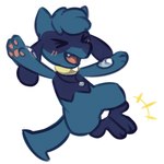 2018 ambiguous_gender anthro blue_body blue_hair blue_tail cheers digital_media_(artwork) eyes_closed flavia-elric generation_4_pokemon hair happy hi_res midair nintendo open_mouth open_smile pawpads paws pokemon pokemon_(species) riolu sharp_teeth simple_background smile solo tail teeth tongue white_background