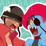 armor card clothed clothing duo eye_patch eyewear female headgear helmet male screaming filtrandez team_fortress_2 undertale undertale_(series) valve soldier_(team_fortress_2) undyne fish human mammal marine 1:1 crossover hi_res