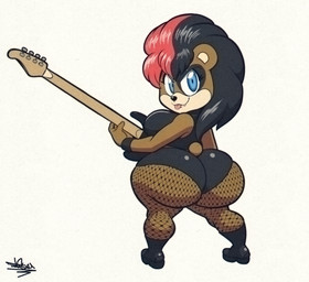anthro big_breasts big_butt blue_eyes blue_hair boots breasts brown_body butt clothing cute_fangs electric_guitar fangs female female_anthro fishnet_clothing fishnet_legwear footwear guitar hair huge_butt huge_hips legwear leotard musical_instrument plucked_string_instrument red_hair scut_tail shoes short_tail shortstack shortstack_female solo string_instrument tail tan_body teeth thick_thighs tongue tongue_out wide_hips tansau roxanne_(djchris) bear mammal ursine hi_res