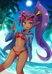 beach bikini blue_eyes blush breasts brown_body brown_skin clothing cloud crown ear_piercing ear_ring eyewear female hair headgear humanoid_pointy_ears leaf long_hair navel not_furry open_mouth piercing pointy_ears ponytail purple_hair ring_piercing seaside sky solo sun sunglasses swimwear tiara two-piece_swimsuit water wet wata-ridley shantae_(series) wayforward shantae genie humanoid 2020 hi_res signature