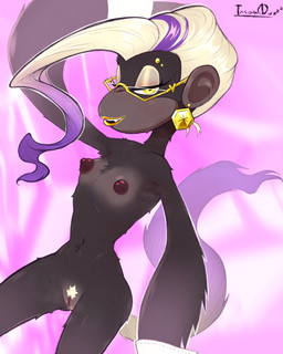 abstract_background anthro areola armpit_hair armpit_musk armpit_tuft blonde_hair bodily_fluids body_hair breasts cuff_links ear_piercing eyewear female genital_fluids genitals glasses gradient_background hair lipstick long_arms looking_at_viewer makeup multicolored_hair musk nipples nude nude_anthro nude_female piercing pubes puffy_nipples purple_hair simple_background slim slim_anthro slim_female small_breasts solo steam sweat sweatdrop sweaty_body vaginal_fluids vulva insomnuz donkey_kong_(series) donkey_kong_bananza nintendo poppy_kong haplorhine kong mammal monkey primate 4:5 hi_res