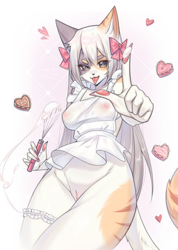 anthro apron areola biped candy cat_tail chocolate clothing dessert female female_anthro fluffy food genitals hair humanoid_genitalia humanoid_vulva innie_vulva nipples solo translucent translucent_clothing tricolor vulva white_hair lonerfox calico_cat domestic_cat felid feline felis mammal absurd_res hi_res