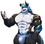 2_horns abs anthro arm_tattoo barazoku beard biceps black_body black_fur blue_eyes blue_hair blue_tattoo blush blush_lines broken_horn bulge clothing deltoids facial_hair fur hair hip_markings horn leg_markings licking licking_lips looking_at_viewer male markings multicolored_body multicolored_fur muscular muscular_anthro muscular_male navel nipples open_mouth pawpads pecs pubes shoulder_stripes solo speedo standing stripes swimwear tail tail_mane tattoo tongue tongue_out two_tone_body two_tone_fur white_body white_fur yellow_stripes hugothecorgo final_fantasy mythology square_enix inuarashi_(whitexwolfy) behemoth_(final_fantasy) canid canine canis dragon hybrid mammal mythological_creature mythological_scalie scalie wolf 2023 hi_res