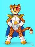 anthro armor biped clothed clothing diaper eyebrows fur hands_on_hips littlepawz_(diaper) male shota solo tail wearing_diaper young young_anthro young_male iztli abuniverse littlepawz iztli_(iztli) felid jaguar mammal pantherine 2024 hi_res