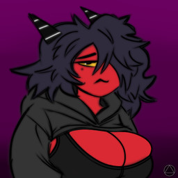 2_horns black_bra black_clothing black_hair black_underwear bra breasts cleavage cleavage_overflow clothed clothed_female clothed_humanoid clothing female female_humanoid frown gradient_background hair hoodie horn looking_at_viewer markings mole_(marking) mole_under_eye narrowed_eyes purple_background red_body simple_background solo topwear underwear yellow_sclera stinkfingerz hellaverse helluva_boss millie_(helluva_boss) demon humanoid 1:1 bust_portrait portrait