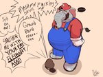 ambiguous_gender anthro aroused belly blush clothing demanding dirty_talk duo facesitting_request facial_hair grawlixes grey_body humor larger_male male male/ambiguous mustache overalls overweight overweight_male profanity size_difference text the_truth trunk debudraws mario_bros nintendo super_mario_bros_wonder elephant_mario mario elephant elephantid goomba mammal proboscidean english_text hi_res reaction_image