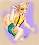 anthro clothed clothing cosplay female fluffy fluffy_tail fur green_eyes gym_leader hair holding_object holding_pokeball looking_at_viewer open_mouth pokeball simple_background smile solo standard_pokeball tail teeth tongue topwear jennibutt nintendo pokemon misty_(pokemon) pokemon_trainer rika_(rika) canid canine canis domestic_dog mammal pomeranian spitz 2021 crossover digital_media_(artwork) hi_res