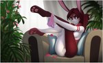 2023 4_toes anthro armchair border breasts brown_hair butt chair clothing detailed_background digital_media_(artwork) feet female fingers furniture genitals hair inside lagomorph leporid mammal nude panties pawpads pillow pink_clothing pink_panties pink_underwear plant presenting presenting_hindquarters presenting_pussy pussy rabbit red_eyes sitting tailhug_(artist) toes underwear undressing white_border