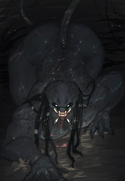 big_butt big_muscles big_pecs butt crawling dark_body dark_skin hair hissing long_hair long_tail looking_at_viewer male muscular muscular_male muscular_thighs pecs plant pupils scar showing_teeth solo tail thick_thighs water white_pupils parasytal predator_(franchise) cupcake_(parasytal) alien yautja hi_res watermark