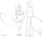 anthro belly big_belly blush bottomwear breasts clothing duo female flip_flops footwear hair long_hair male navel pregnant sandals shirt shoes short_hair shorts smile tank_top topwear leokitsune canid canine fox mammal monochrome