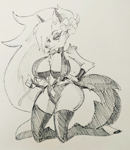 anthro bedroom_eyes big_breasts bottomwear breasts clothing female flower_on_head fur hair leggings legwear narrowed_eyes seductive solo swimwear thick_thighs topwear wide_hips pikapika212 hellaverse helluva_boss mythology loona_(helluva_boss) canid canid_demon canine demon hellhound mammal mythological_canine mythological_creature 2024 absurd_res hi_res monochrome sketch traditional_media_(artwork)