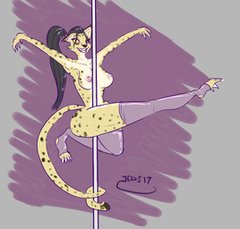 areola breasts clothed clothing dancing female front_view mostly_nude nipples pole pole_dancing simple_background solo spots stripper_pole topless hashdrawingslasher microsoft the_elder_scrolls felid khajiit mammal hi_res