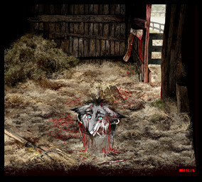 anthro axe barn blood blue_eyes bodily_fluids bucket cigar cigarette cigarette_in_mouth container death_focus decapitation gore hay male melee_weapon object_in_mouth pitchfork severed_body_part severed_head solo tools weapon jeffusherb colored digital_media_(artwork) digital_painting_(artwork) painting_(artwork)