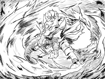 action_pose ambiguous_gender anthro boots bottomwear cape clothing detailed_background ear_piercing ear_ring eyebrows fire footwear hair pants piercing pointy_ears pose ring_piercing shoes short_hair snout solo thick_eyebrows tied_hair actualpendragon unnamed_character canid canine mammal 4:3 monochrome traditional_media_(artwork)