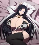 accessory bed big_breasts black_hair blue_eyes bra breasts cleavage clothed clothing cowbell female furniture hair hair_accessory hairpin huge_breasts looking_at_viewer panties pillow solo underwear wide_hips kojiro-brushard lessien animal_humanoid bovid bovid_humanoid bovine bovine_humanoid humanoid mammal mammal_humanoid hi_res