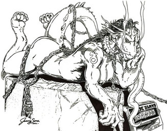 anthro bdsm bondage bound breasts chain chained claws collar female horn nipples non-mammal_breasts non-mammal_nipples nude sex_slave slave smoke smoke_from_nose solo submissive submissive_female tail tattoo lordstacker mythology dragon mythological_creature mythological_scalie scalie 2006 monochrome