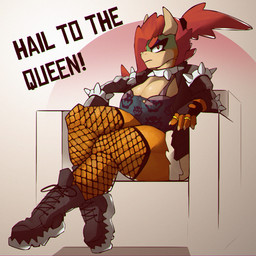 alternative_fashion anthro big_breasts boots bottomwear bra bra_peek breasts chair claws cleavage clothed clothing collar countershade_face countershade_torso countershading crossed_legs crossgender eyebrows eyelashes eyeshadow female fingerless_gloves fishnet_clothing fishnet_legwear footwear furniture gloves green_body green_scales hair handwear horn huge_breasts jacket legwear makeup non-mammal_breasts ponytail punk red_eyes red_hair ring scales shirt shoes sitting skirt solo spiked_collar spikes text thick_eyebrows thick_thighs throne topwear torn_clothing underwear yellow_body yellow_scales ponpuramu mario_bros nintendo bowser koopa reptile scalie 1:1 2019 english_text hi_res
