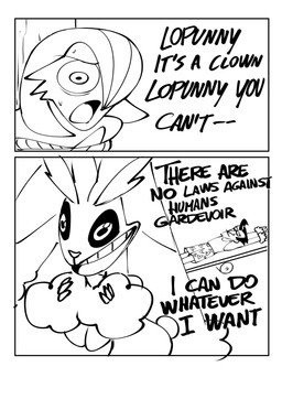 2_panel_comic ambiguous_gender anthro black_hair black_sclera black_text bodily_fluids border bound boxers_(clothing) clothing cotton_tail dialogue fur group hair humor long_ears looking_at_another lying male mouth_closed on_back open_mouth shirt sweat tail tank_top text topwear trio underwear white_border clinick batman_(series) dc_comics joker_caught_a_pokemon nintendo pokemon the_joker gardevoir generation_3_pokemon generation_4_pokemon human lopunny mammal pokemon_(species) 2026 absurd_res black_and_white comic english_text hi_res meme monochrome