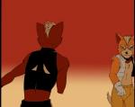 anthro butt clothed clothing crop_top duo fur male shirt topwear inubikko nintendo star_fox fox_mccloud wolf_o'donnell canid canine canis fox mammal wolf 2010 animated low_res short_playtime