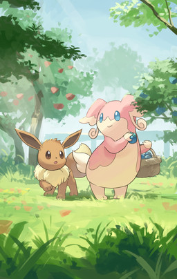 ambiguous_gender anthro basket blue_eyes brown_body brown_eyes brown_fur container duo feral food fruit fur grass holding_food holding_object multicolored_body open_mouth oran_berry paws plant pokemon_berry raised_leg tail tongue tree two_tone_body hakkentai_pkdn nintendo pokemon audino eevee generation_1_pokemon generation_5_pokemon pokemon_(species) 2024 hi_res