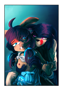 anthro border breast_grab breasts clothed clothing duo female female/female hand_on_breast narrowed_eyes partially_clothed tongue tongue_out white_border young young_female mr.foxman beastars fan_character juno_(beastars) canid canine canis lagomorph leporid mammal rabbit wolf absurd_res hi_res