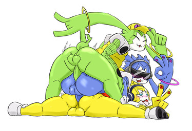 ahegao anal anal_penetration anthro backsack balls blue_body blue_fur blush bodily_fluids butt_stack clothing electronics eyewear femboy fur genitals green_body green_fur group group_sex hand_sign hat headgear headphones headwear looking_pleasured male male/male male_penetrated male_penetrating male_penetrating_male penetration penile penile_penetration penis_in_ass sex simple_background sunglasses sweat threesome tongue tongue_out train_position trio white_background yellow_body yellow_fur cheese_cake bandai_namco digimon verve_(notfornothin) appmon appmon_(species) dancemon digimon_(species) lagomorph mammal mcmon musimon