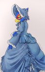 alternative_fashion ambiguous_gender anthro blue_body blue_feathers bonnet classic_lolita clothing dress feathers green_eyes headgear headwear j-fashion lolita_(fashion) red_body red_feathers simple_background solo white_background eldorad65 nintendo star_fox falco_lombardi avian hi_res