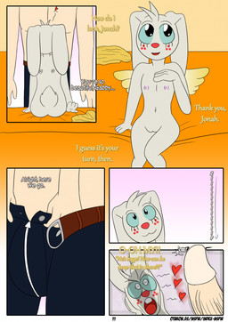 anthro areola cartoon_freckles dialogue duo eyelashes female freckled_face freckles genitals long_eyelashes male male/female penis presenting presenting_penis shocked vulva wings otakon_(artist) angel_hare the_east_patch angel_gabby jonah_whitman angel human lagomorph leporid mammal rabbit comic hi_res